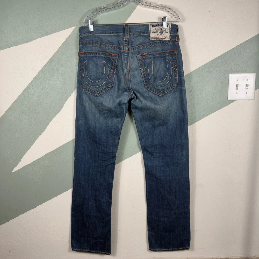 True Religion Bobby Jeans Mens 31 Blue Distressed Straight Leg Denim Pants